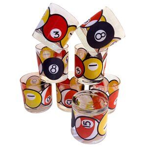 MCM Pool Billiard Whiskey Glasses Double Old Fashioned Set of 8 VTG Barware